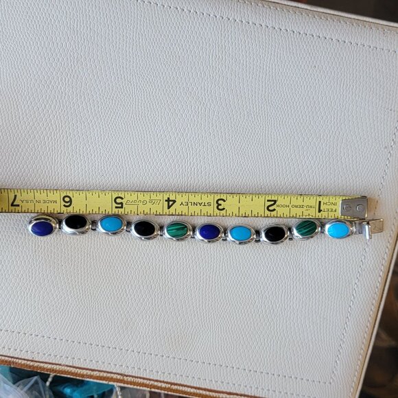 Taxco Sterling Bracelet Vintage Natural Stone Turquoise Malachite Onyx Lapis - Picture 6 of 6